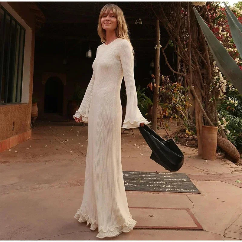 Fashion Ruffled Hem Knitted Long Dress Women Sexy O Neck Flare Long Sleeve Backless Lace Up Slim Dresses Female Vacation Robes
