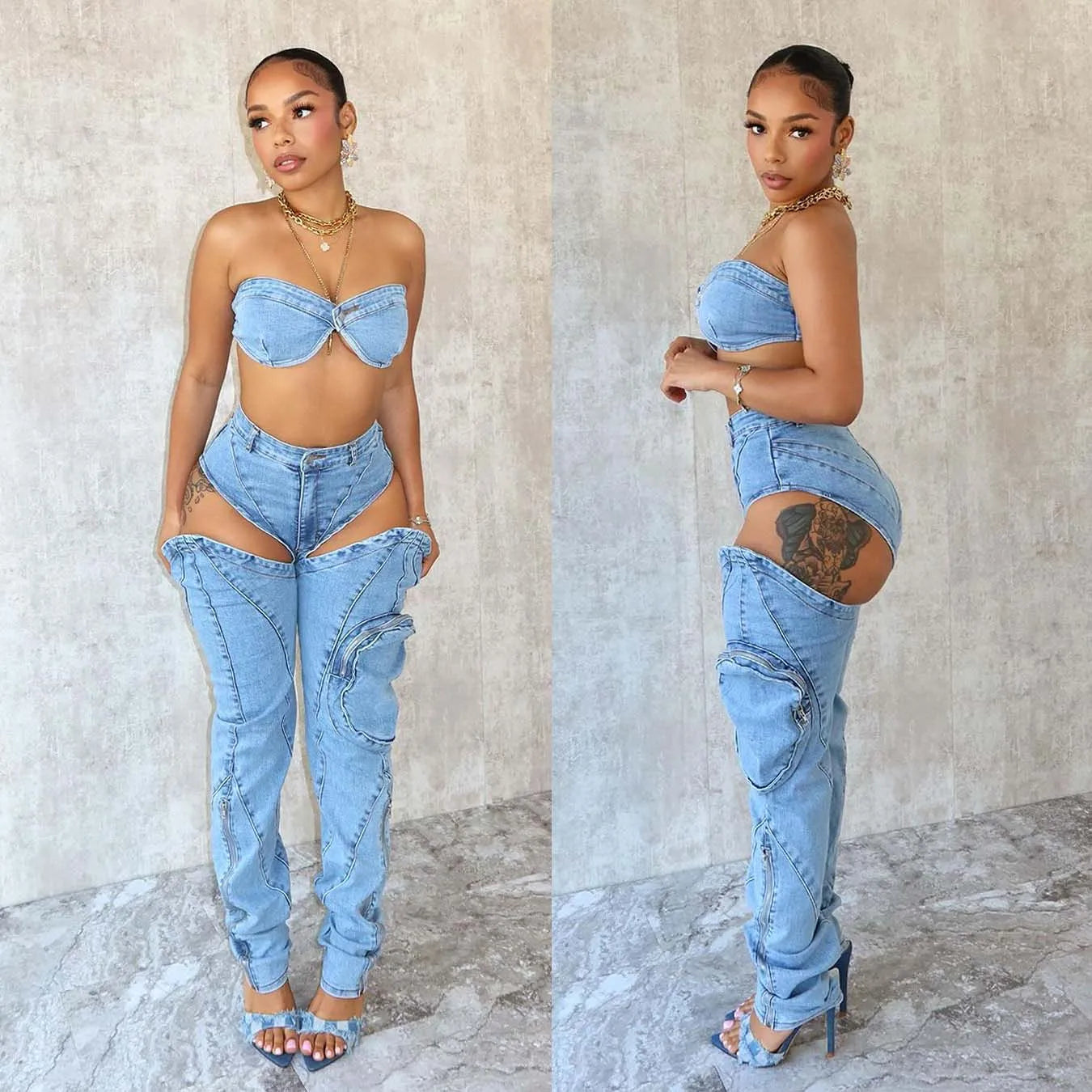 Sexy Denim Bikini Tops Two Piece Sets Matching Outfits 2024 Y2K Streetwear Women Pencil Denim Jean Pant Summer 2 Piece Sets