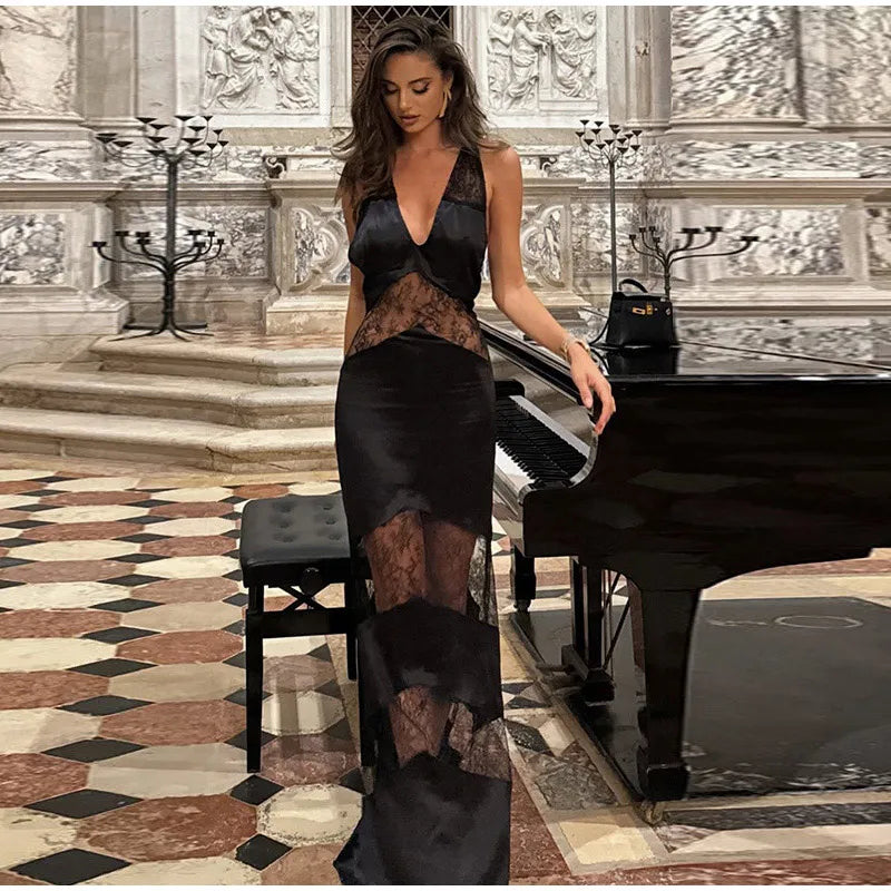 New Sexy Lace V-neck Sling Long Dress Women Retro Black Perspective Sleeveless Patchwork Maxi Dresses Female Chic Street Party