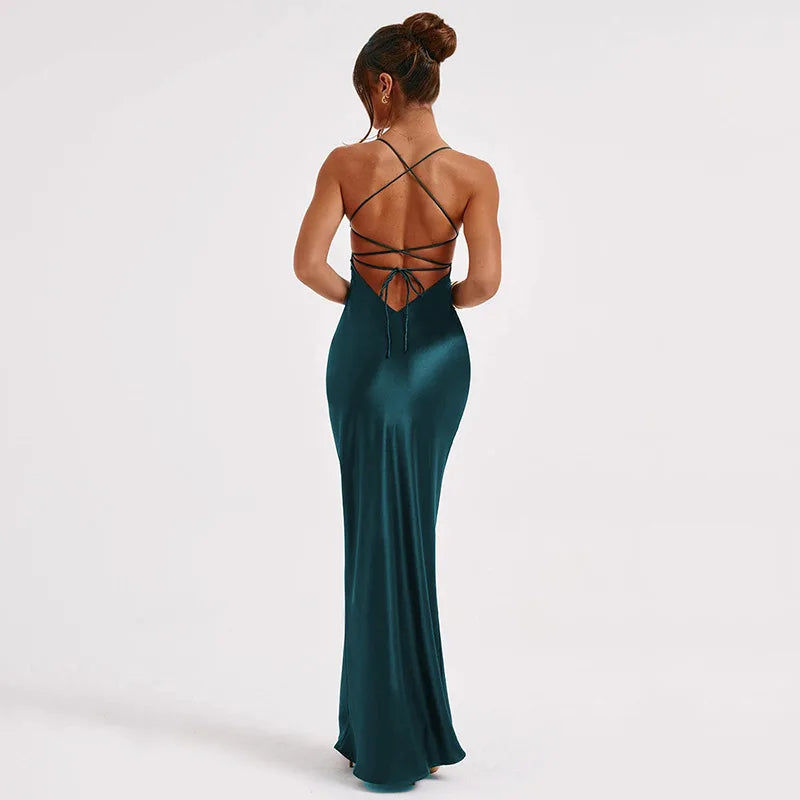 Women's Spaghetti Straps Satin Backless Sexy Dress Summer Beauty Elegant Party Evening Dress Tight Long Dress