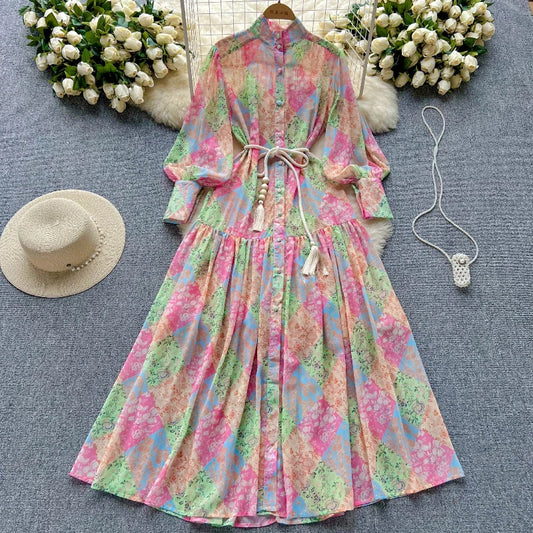 Long Dress Women Dresses A Line Chiffon Vestidos Stand Collar Streetwear Floral Print Elegant Splice Y2k Party Night High Waist