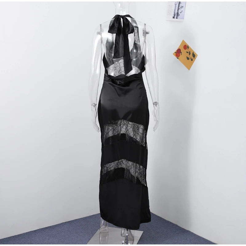 New Sexy Lace V-neck Sling Long Dress Women Retro Black Perspective Sleeveless Patchwork Maxi Dresses Female Chic Street Party