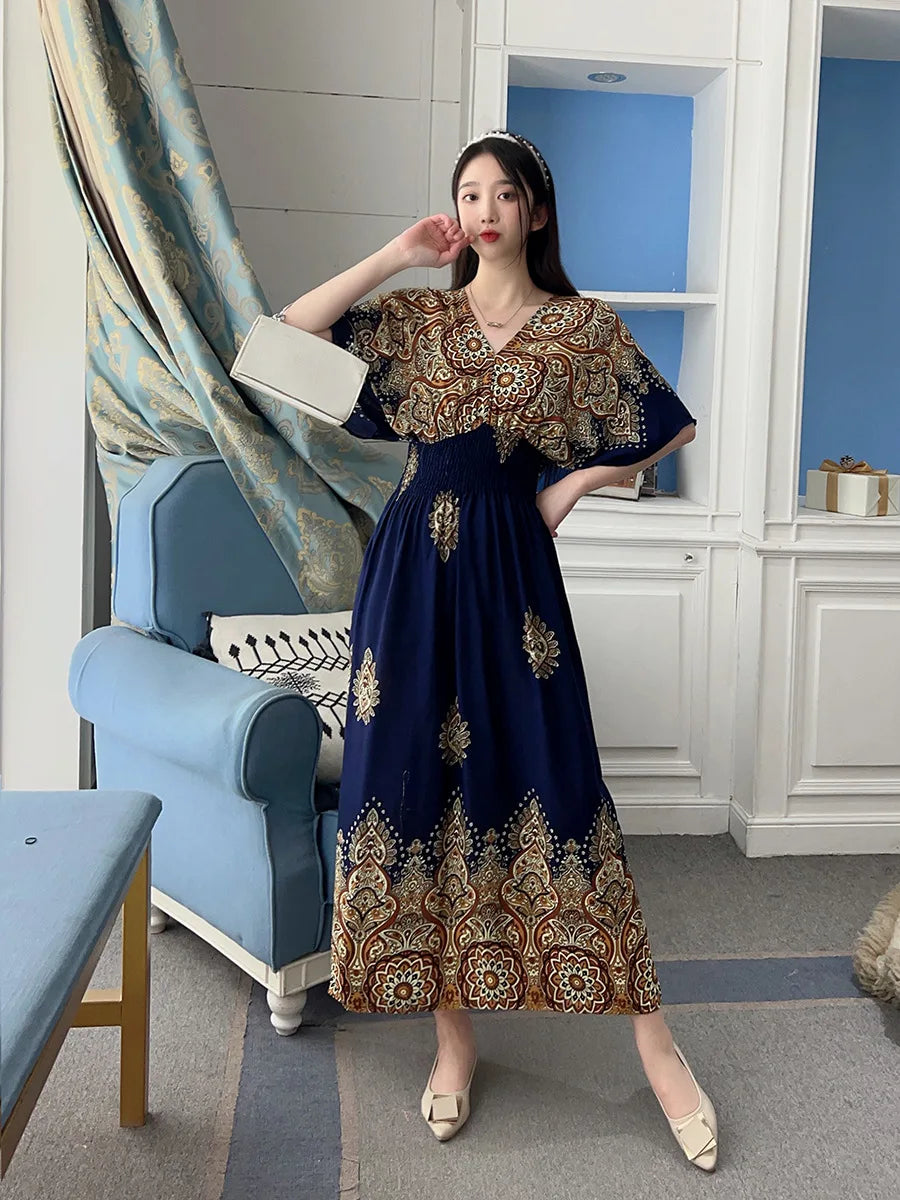 V-neck Large Skirt Hem Casual Sweet Holiday Long Dress Bat Sleeves Elastic Waist Bohemian Print Floral Elegant Dresse For Women