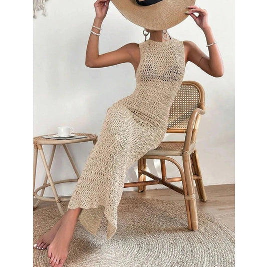 Women's Beach Style O-Neck Knit Hollow out Long Dress 2025 Summer Female Casual Sleeveless Dress Beach Bikini Cover-up Blouse