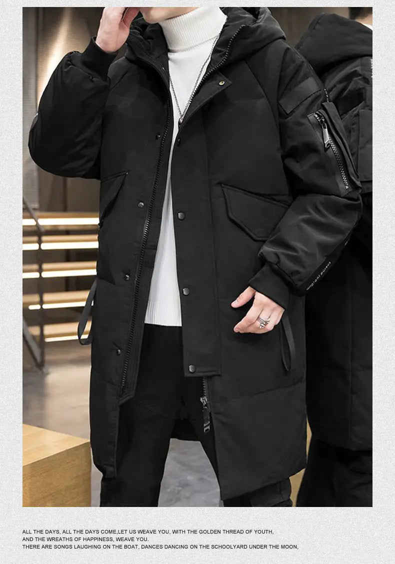 Men's Parkas Hooded New Over-the-knee Overcoat Thickened Mid-length Jacket Zipper Buttons Winter White Duck Down Jackets