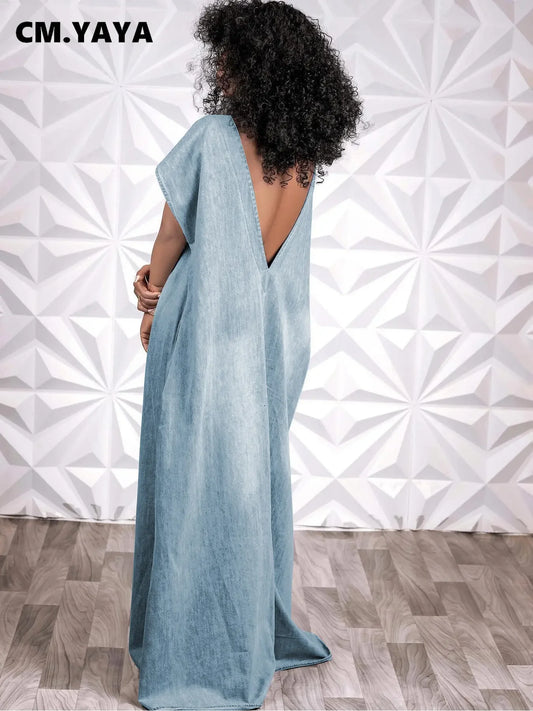 CM.YAYA Vintage Women Fashion Batwing Short Sleeve Denim V-back Loose Slim Maxi Long Dress 2023 High Street Vestido Jean Dresses