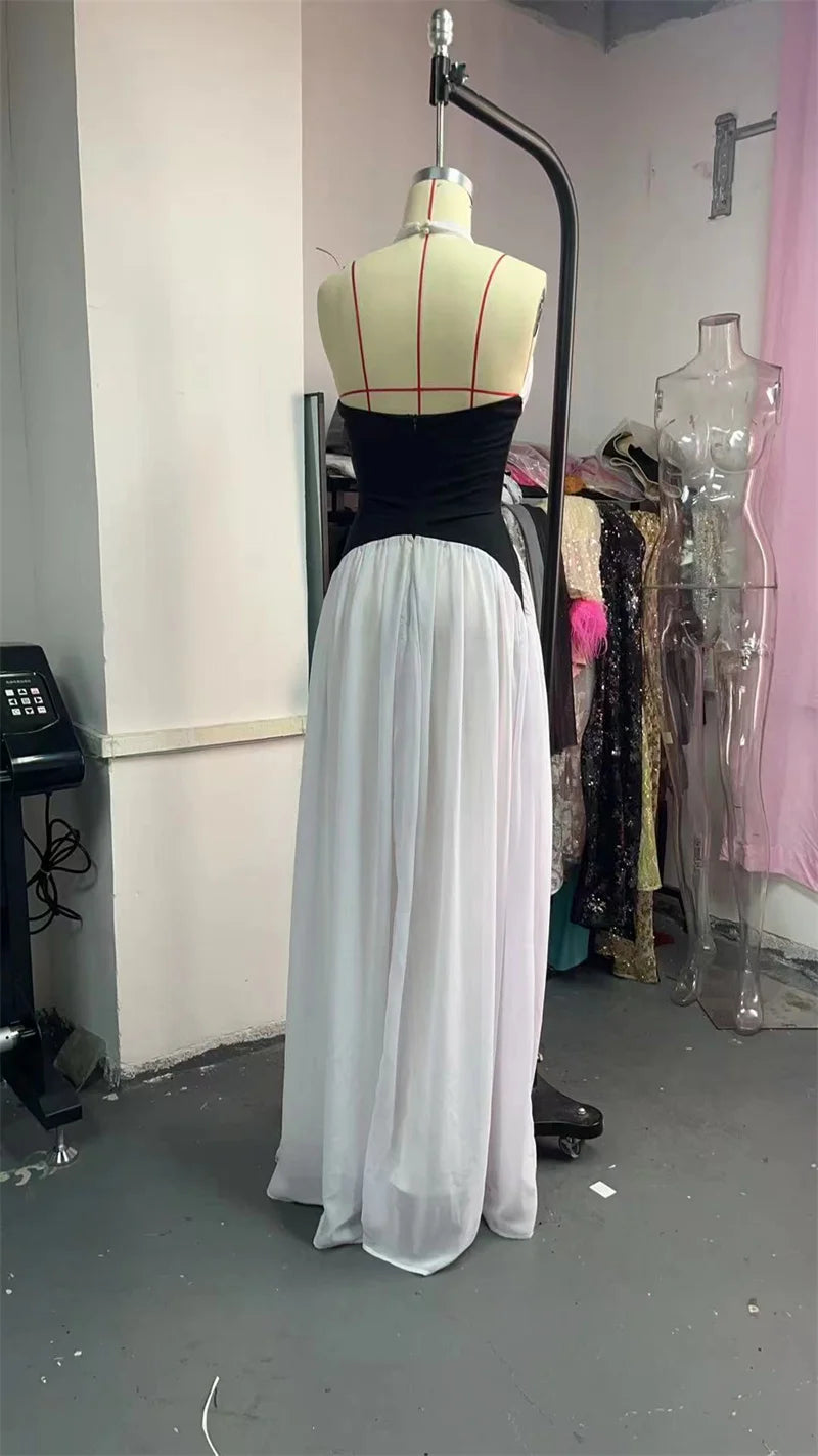 Mozision Halter Deep V Neck Backless Sexy Maxi Dress Women Gown Fashion Patchwork Sleeveless High Waist Club Party Long Dress