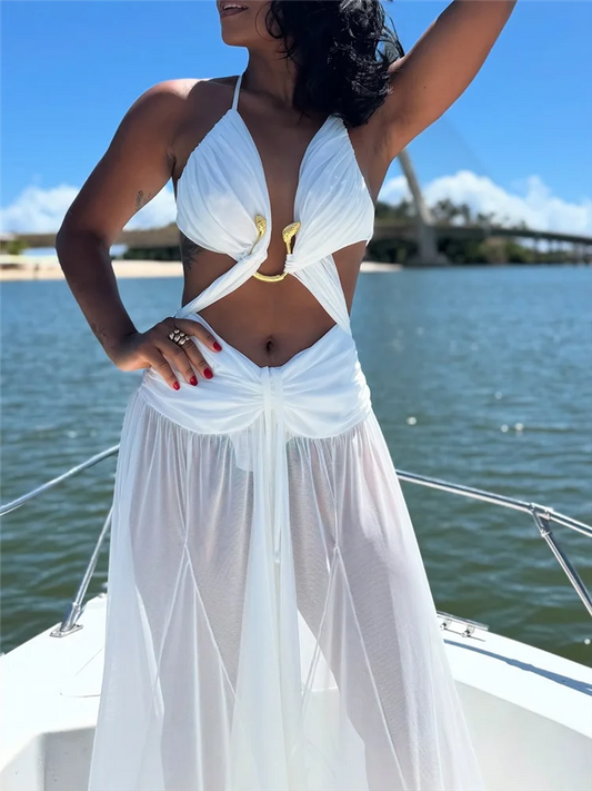 Metal Decorative Halter Long Dress Woman Hollow Out Backless Solid Color Pleated Robe Vacation Beach Women's Perspective Dresses