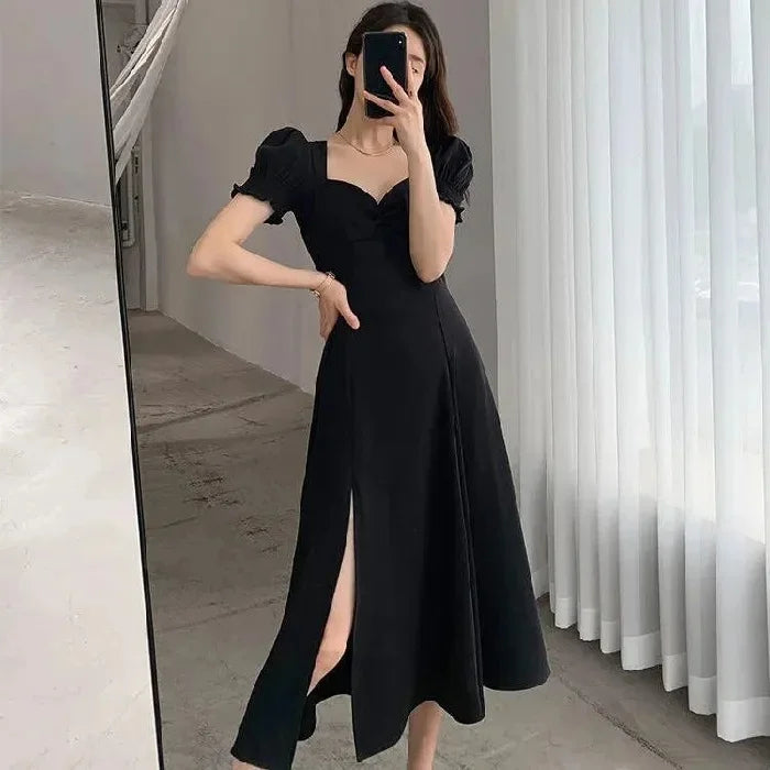 Sweet Vintage French Style Women's Long Dress Summer Hot Sale Of The Season New Bubble Sleeve Square Collar A- Line Split Skirt