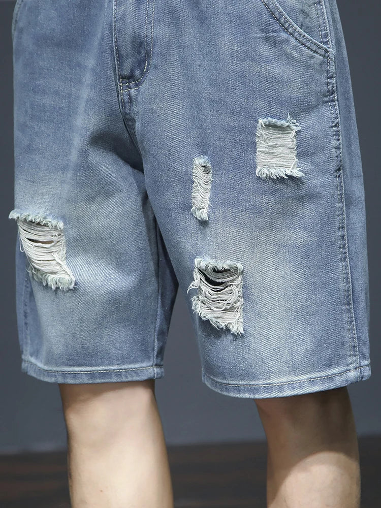 Summer Men's Blue Denim Shorts Y2k Cotton Loose Straight Ripped Fashion Shorts Men Korean Trendy Casual Streetwear Short Jeans