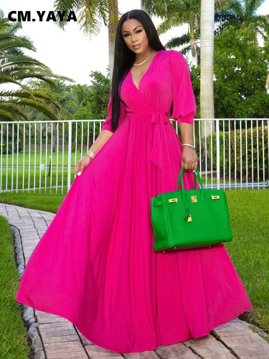 CM.YAYA Elegant Women Wraped V-neck Long Sleeve with Sashes Maxi Long Dress Chic INS Sexy Party Prom Big Swing Pink Dresses