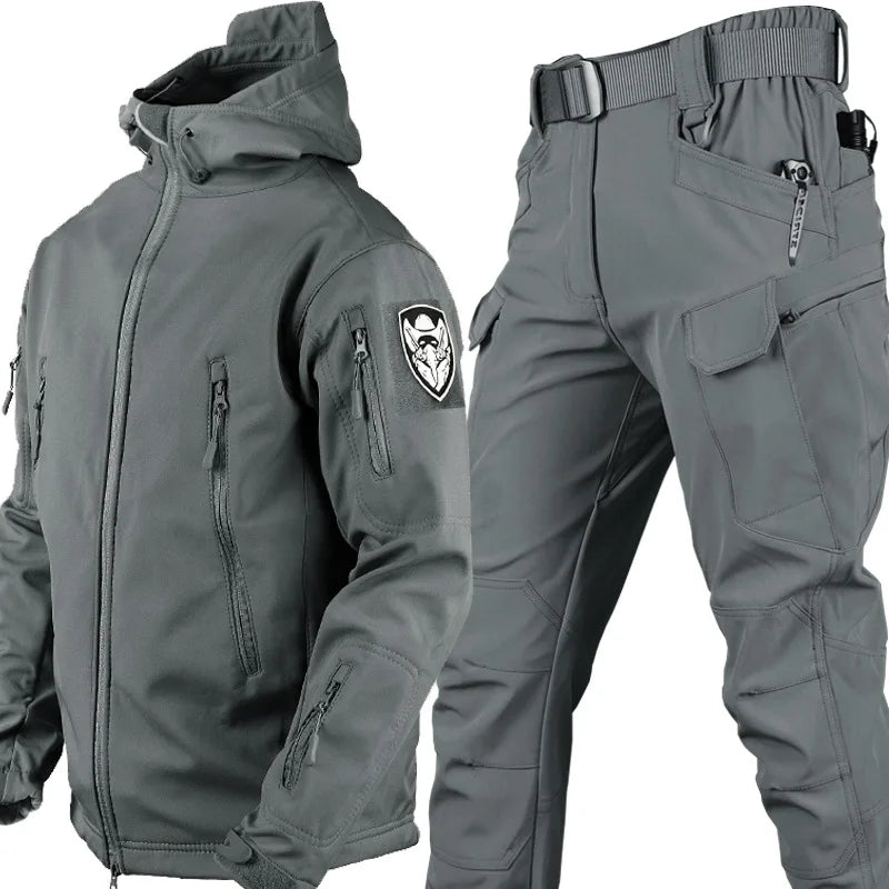 Winter Tactical Sets Men Outdoor Work Fleece Jacket Waterproof Shark Skin Soft Shell Hooded Jacket Multi-pocket Cargo Pant 2 Pcs