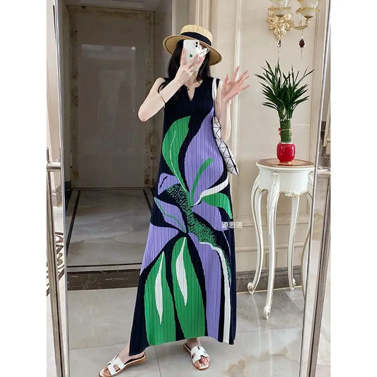 Pleated Geometric Diamond Summer Women French Casual Printing Holiday Style V-neck Sleeveless Loose Texture Forking Long Dress
