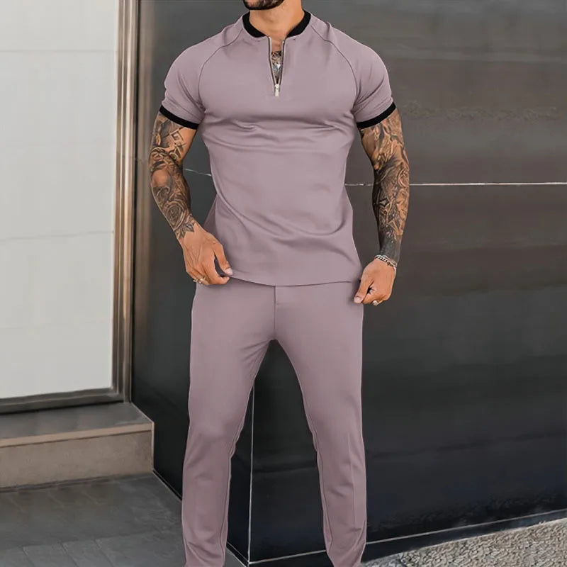 European and American summer popular men's short-sleeved trousers suit slim and trendy youth casual sports suit