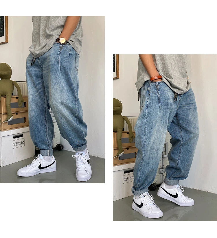 Spring Autumn Japanese Streetwear Retro Casual Denim Cargo Pants Men Clothing Loose Straight Harem Trousers Harajuku Jeans