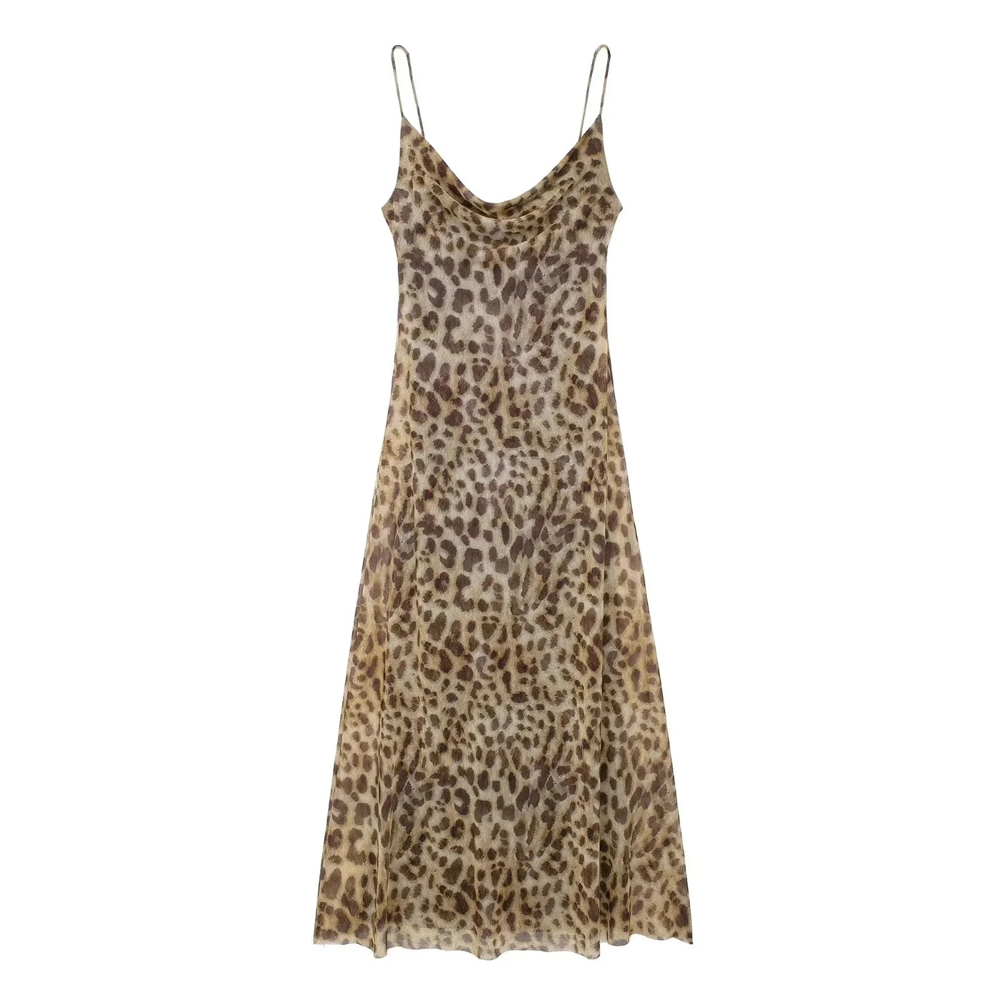 TRAFZA Summer Women's Fashion Leopard Print Tulle Long Dress Sexy Sleeveless Backless Slip Dress Female Elegant Maxi Party Dress