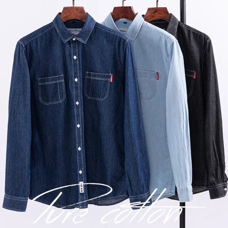 2023 Spring and Autumn Enzyme Washed Men's Long Sleeve Denim Shirt Pure Cotton Casual Fashion Outerwear Versatile Men's Clothing