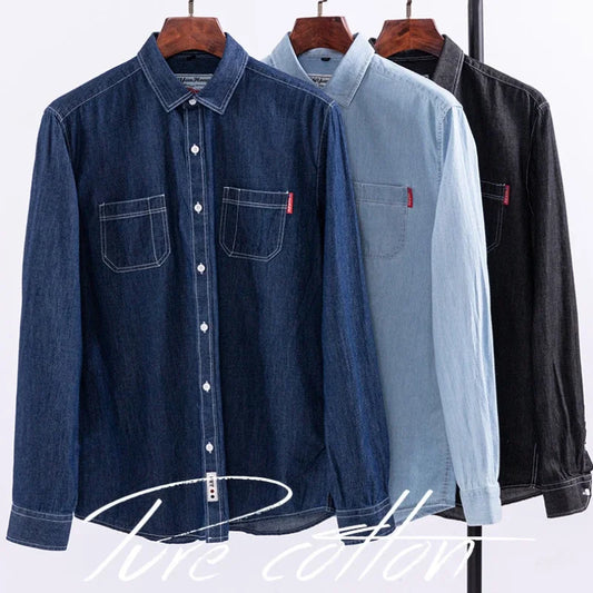 2023 Spring and Autumn Enzyme Washed Men's Long Sleeve Denim Shirt Pure Cotton Casual Fashion Outerwear Versatile Men's Clothing