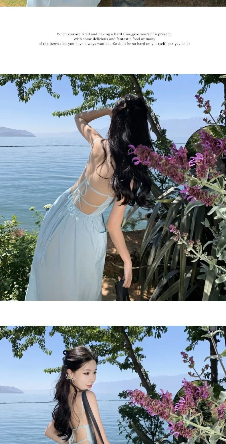 French Style Sexy Open-Back Blue Tank Dress Women's Summer Vacation Beach A- Line Long Dress Beach Vacation Dress
