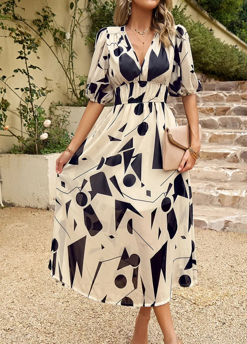 2024 Elegant High Quality Design summer long Dress Waist Cinching V-neck Print Elastic Waist Maxi  Dresses for Women Clothing