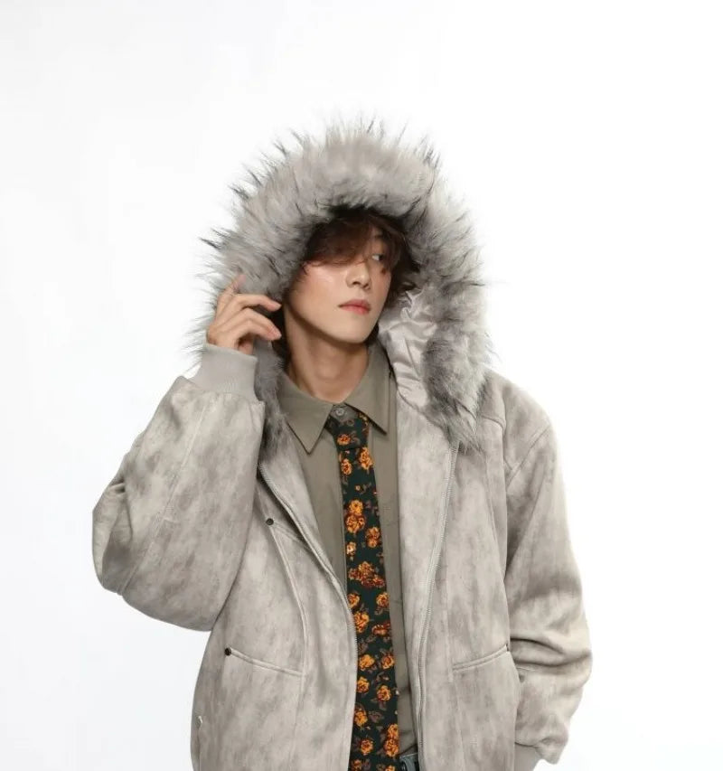 Y2K American New Fashion Solid Color Plus Velvet Padded Cotton-padded Jacket Coat Men Harajuku Hip-hop Popular Casual Couples