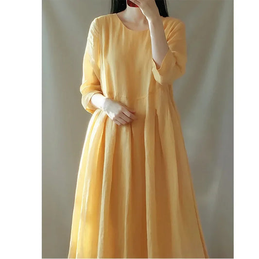 In-stock Korean Lightweight Elegant Dress Artistic Vintage Loose-fit Travel Vacation Long Dress Cotton Linen Women's Clothing