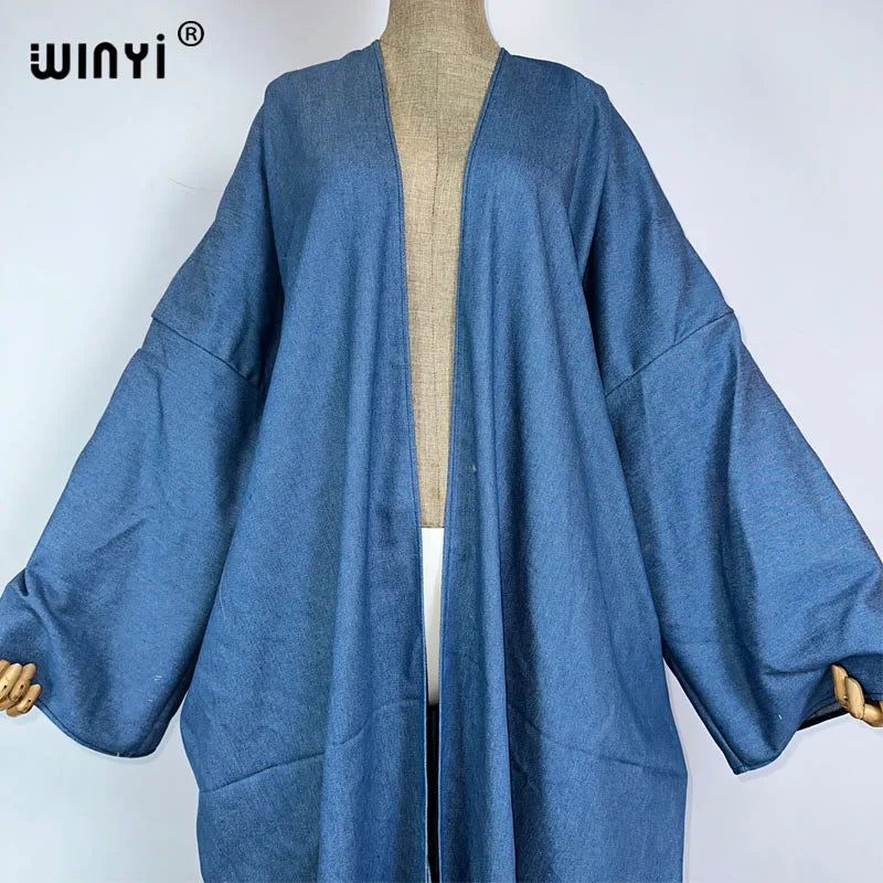 WINYI Embroidered soft denim cardigan Women coat Loose Long Dress elegant Party Boho maxi beach Holiday Swimming Cover Up Kimono