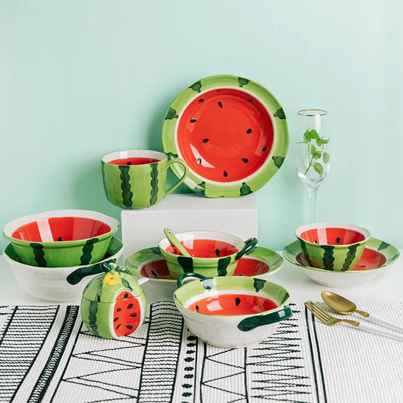Watermelon Bowl Ceramic Bowl Plate Set Home Ramen Bowl Cute Hand-painted Tableware Children's Rice Bowls Kitchen Accessories