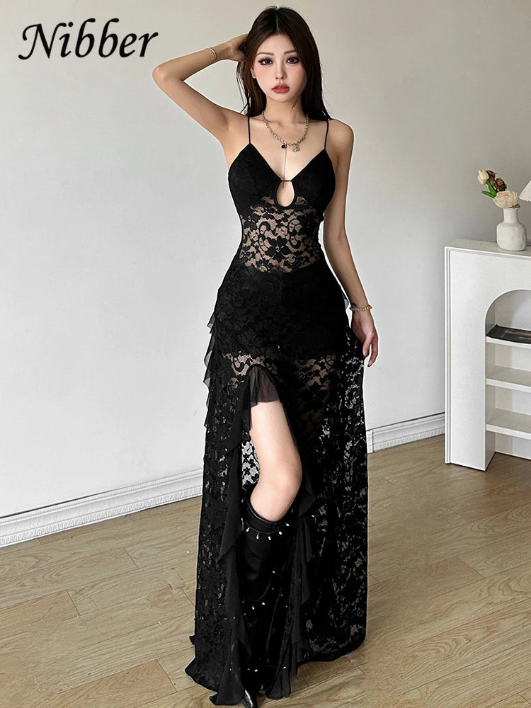 Nibber Sexy See Through Lace Sleeveless Long Dress Women Patchwork Summer Backless V-neck Side Slit Party Evening Maxi Vestidos