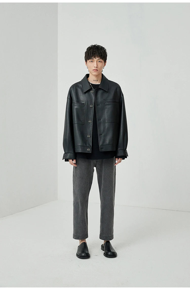 Mauroicardi Spring Autumn Short Oversized Brown Black Soft Faux Leather Jackets for Men Pockets Long Sleeve Korean Fashion 2022