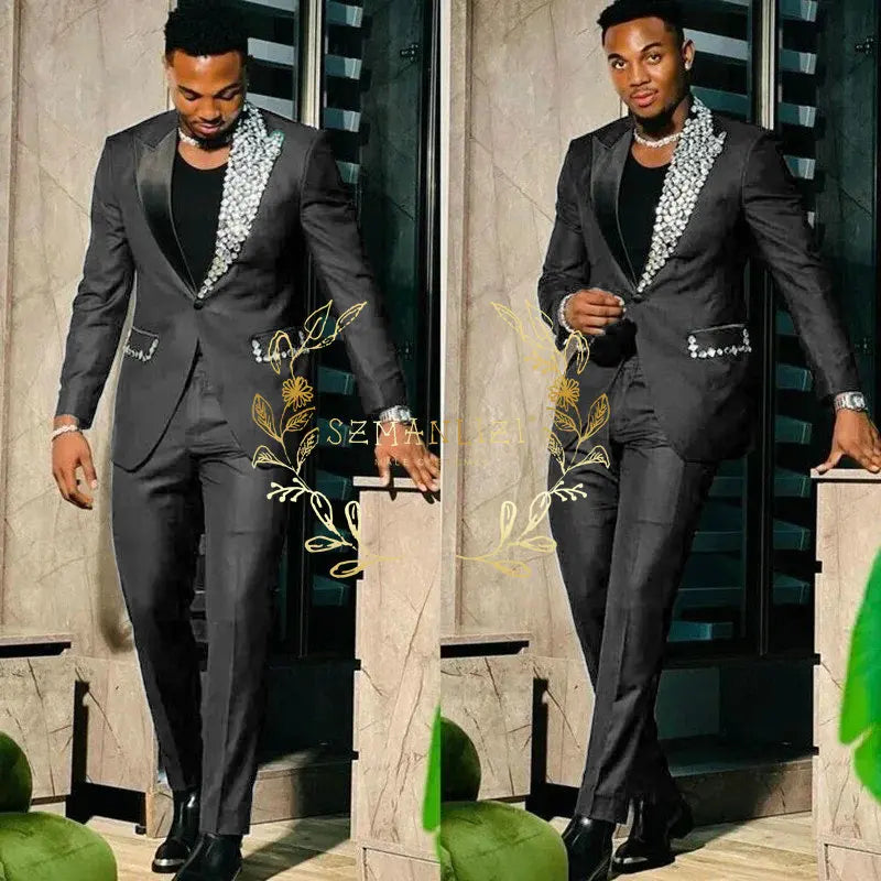 Black Suits for Men Slim Fit Single Breasted Peak Lapel Blazer High Quality Crystal Prom Party 2 Piece Jacket Pants Sets Terno
