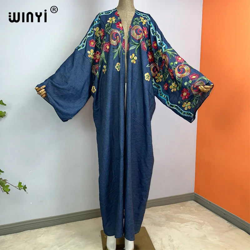 WINYI Embroidered soft denim cardigan Women coat Loose Long Dress elegant Party Boho maxi beach Holiday Swimming Cover Up Kimono