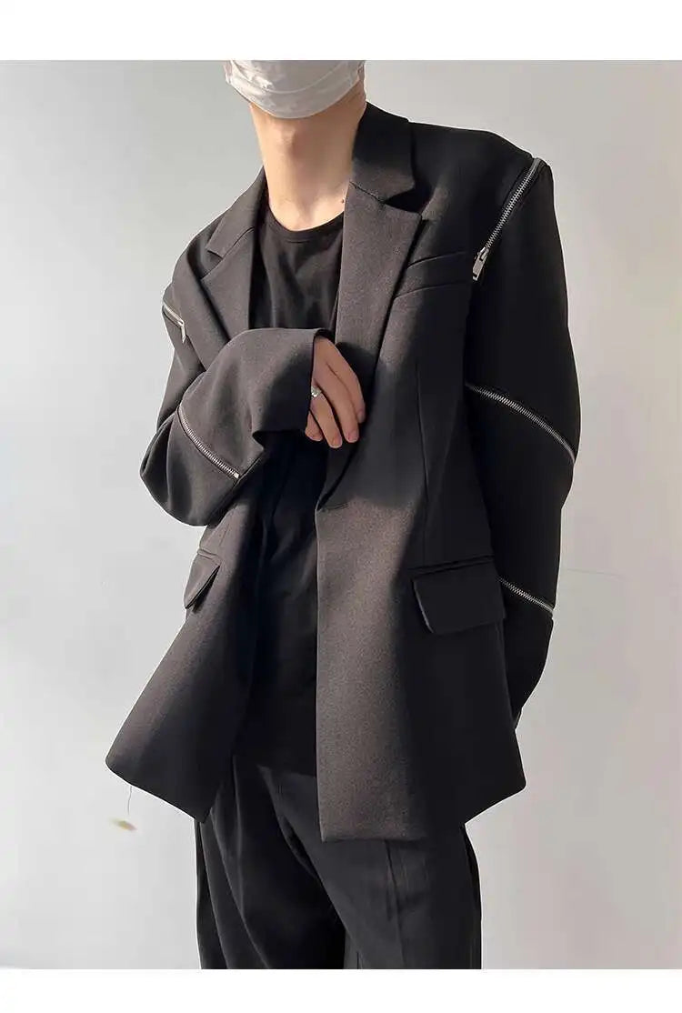 IEFB Zipper Men Suit Personalized Design Coat Casual 2023 Solid Color Long Sleeve Zipper Decoration Male Jacket Darkwear 9A5018