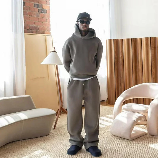 Korean Fashion Solid Color Sweatshirt Fleece Two-Piece Men's Y2K New Harajuku Casual Joker Straight Pants Couple Street Wear