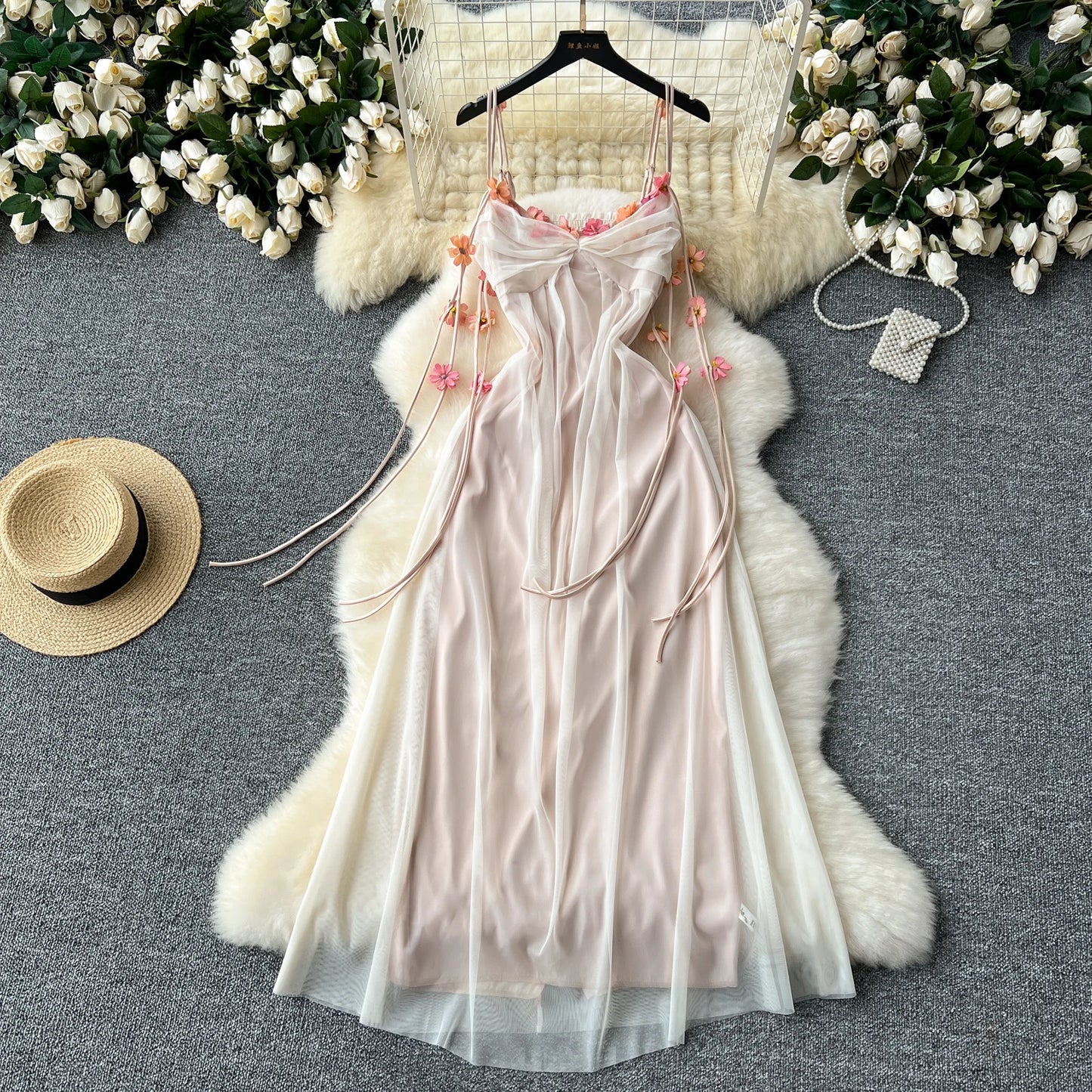 SINGREINY 2024 Bohemian Vacation Long Dress Spaghetti Strap Hollow Out A Line Mesh Sundress 3D Floral Backless Party Maxi Dress