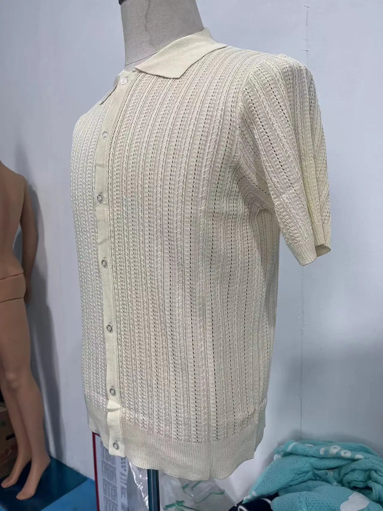 Summer Men's Casual Shirt Breathable Hollow Out Knit Shirt Short Sleeve Lapel Lightweight Top for Men European  American Loose