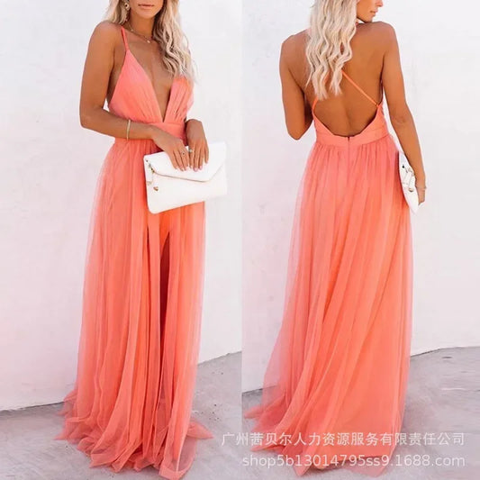 Women's Evening Party High Waist Floor Length Sexy Dress Orange Sleeveless Backless Gauze Long Dress