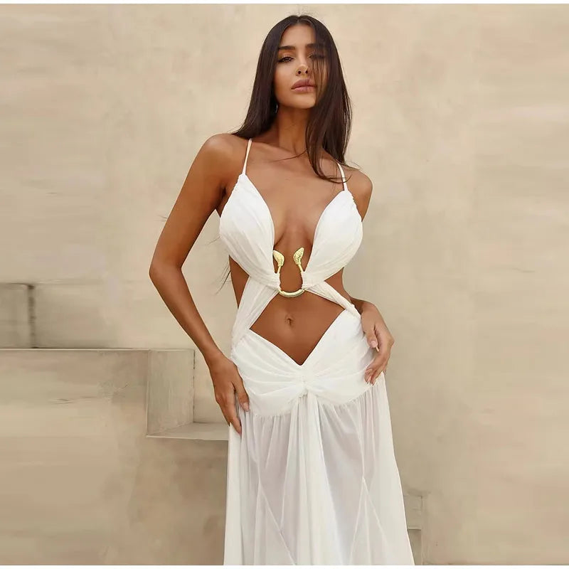 Metal Decorative Halter Long Dress Woman Hollow Out Backless Solid Color Pleated Robe Vacation Beach Women's Perspective Dresses