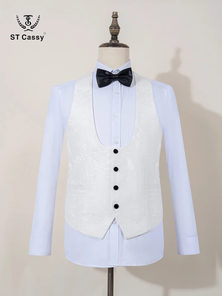 ST Cassy High Quality luxury Retro carving Party Dress Slim Fit Tuxedo Prom Suit Fashion white Male Groom Wedding three-piece