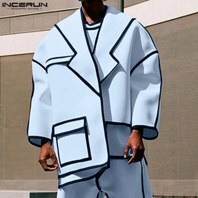 INCERUN Tops 2025 Fashion New Men Patchwork Lines Personality Suit Coat Casual City Walk Male Hot Sale Loose Long Sleeved Blazer
