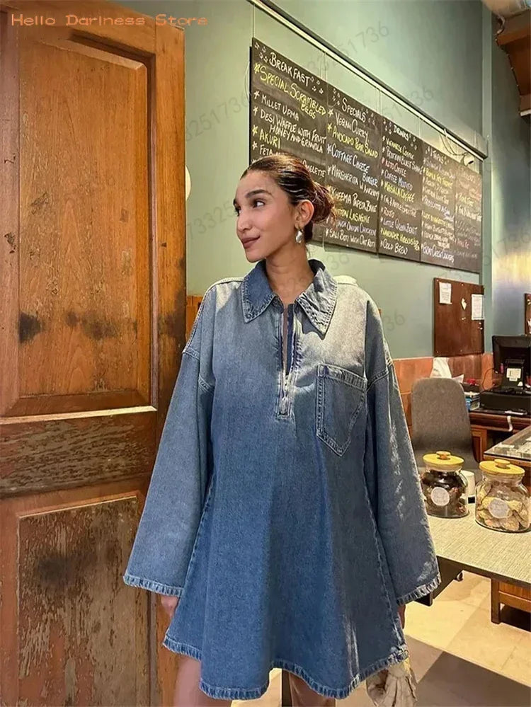Women's Denim Dresses Lapel Zip Mini Long Sleeve Dresses Fashion Casual Loose Patch Pocket Party Commuter Denim Dresses