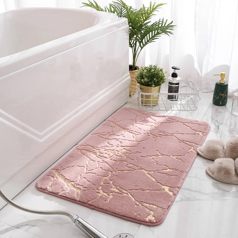 Inyahome Bath Mats for Bathroom Luxury White and Gold Non Slip and Soft Bathroom Rug Absorbent Bath Rug Decor for Kitchen Indoor