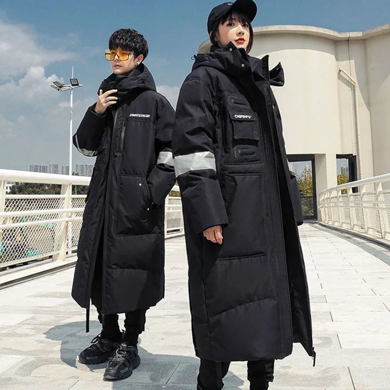 Gmiixder 2023 New Over Knee Down Coat Men's Mid Length Couple Thickened Multi Pocket Parkas Youth Work Wear Winter Long Jacket