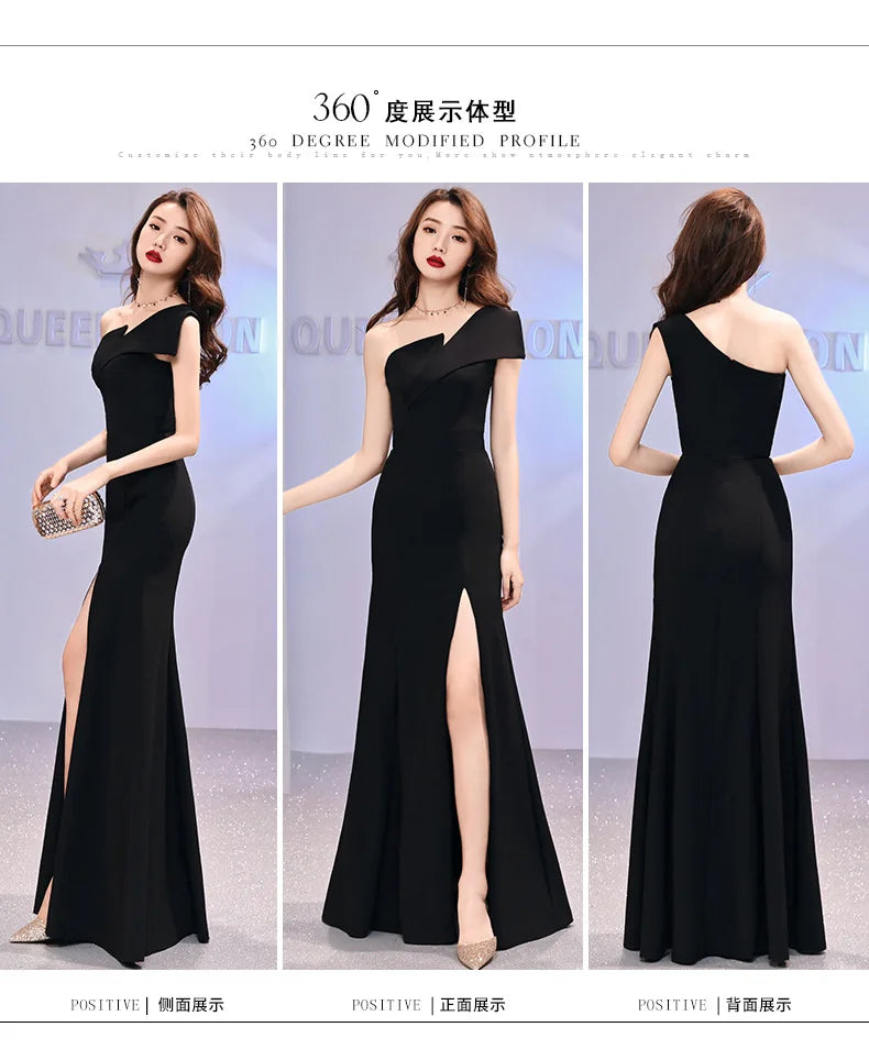 Host evening dress, light luxury, niche one shoulder black long dress, fishtail, one shoulder dress, female