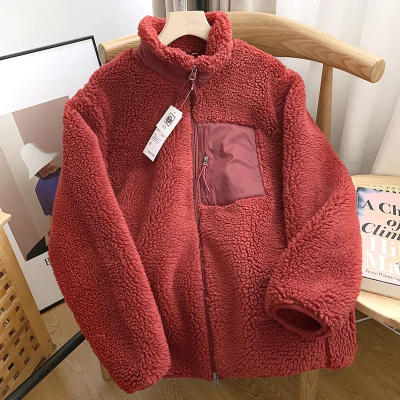 Autumn Winter Lambswool Coat Male Loose Windproof Warm Sherpa Stand Collar Polar Fleece Jacket Unisex Simple  Pocket Spliced Top
