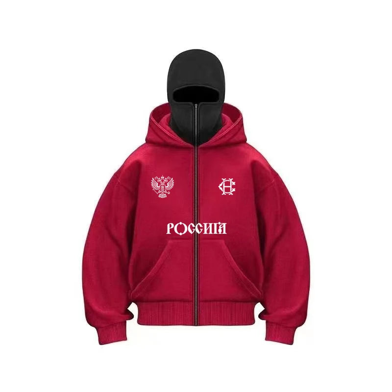 Balaclava Fashion Double Hat Design Hoodie Hop Street Zipper Men's and Women's Gothic Harajuku Sweatshirt