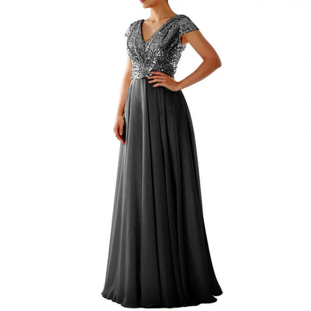 Elegant Sequins Chiffon Dress For women V Neck Pleated Hem Female Sequins Chiffon Prom Cocktail Long Dress Wedding Evening Dress