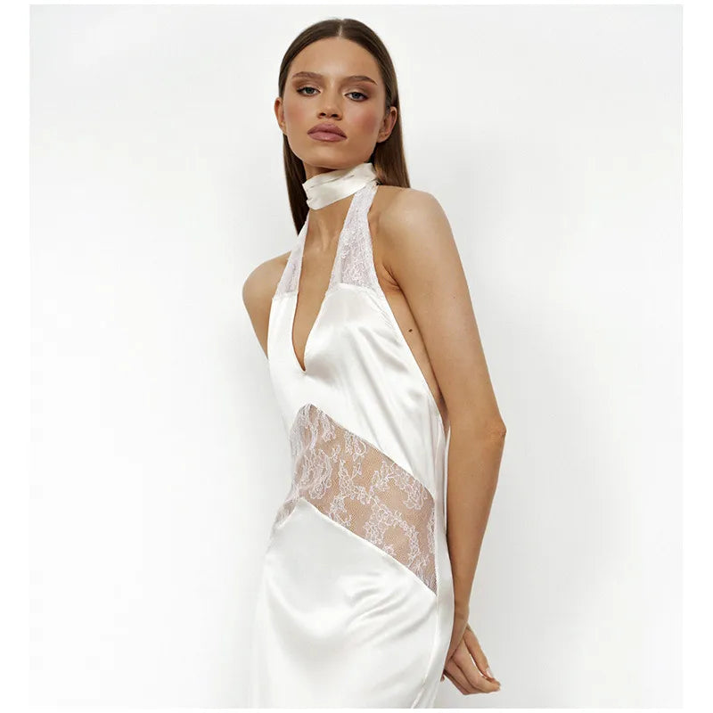 New Sexy Lace V-neck Sling Long Dress Women Retro Black Perspective Sleeveless Patchwork Maxi Dresses Female Chic Street Party