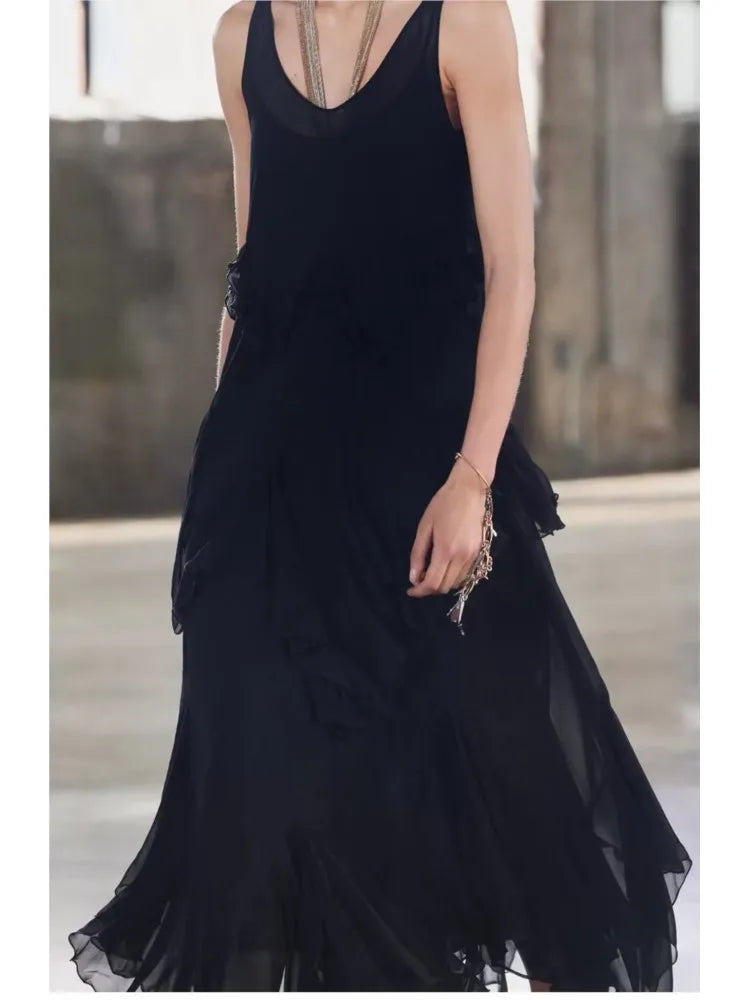 TRAF Tierred Long Dress Women Summer Sexy Backless Sleeveless Female Tulle Lightweight Midi Dresses Female Chic Dresses