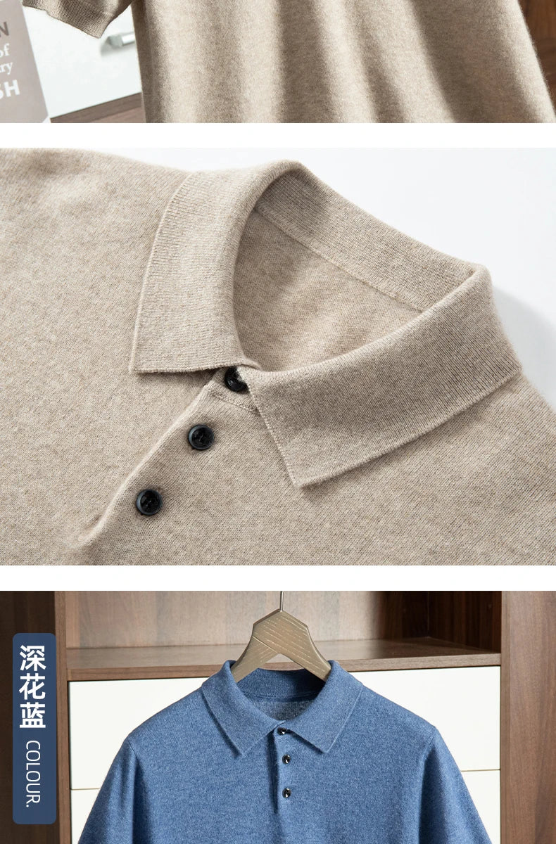 High End Men's 100% Cashmere T-shirt POLO Collar Pullover Shirt Casual Business Knitted Short Sleeved Summer Half Sleeved Top